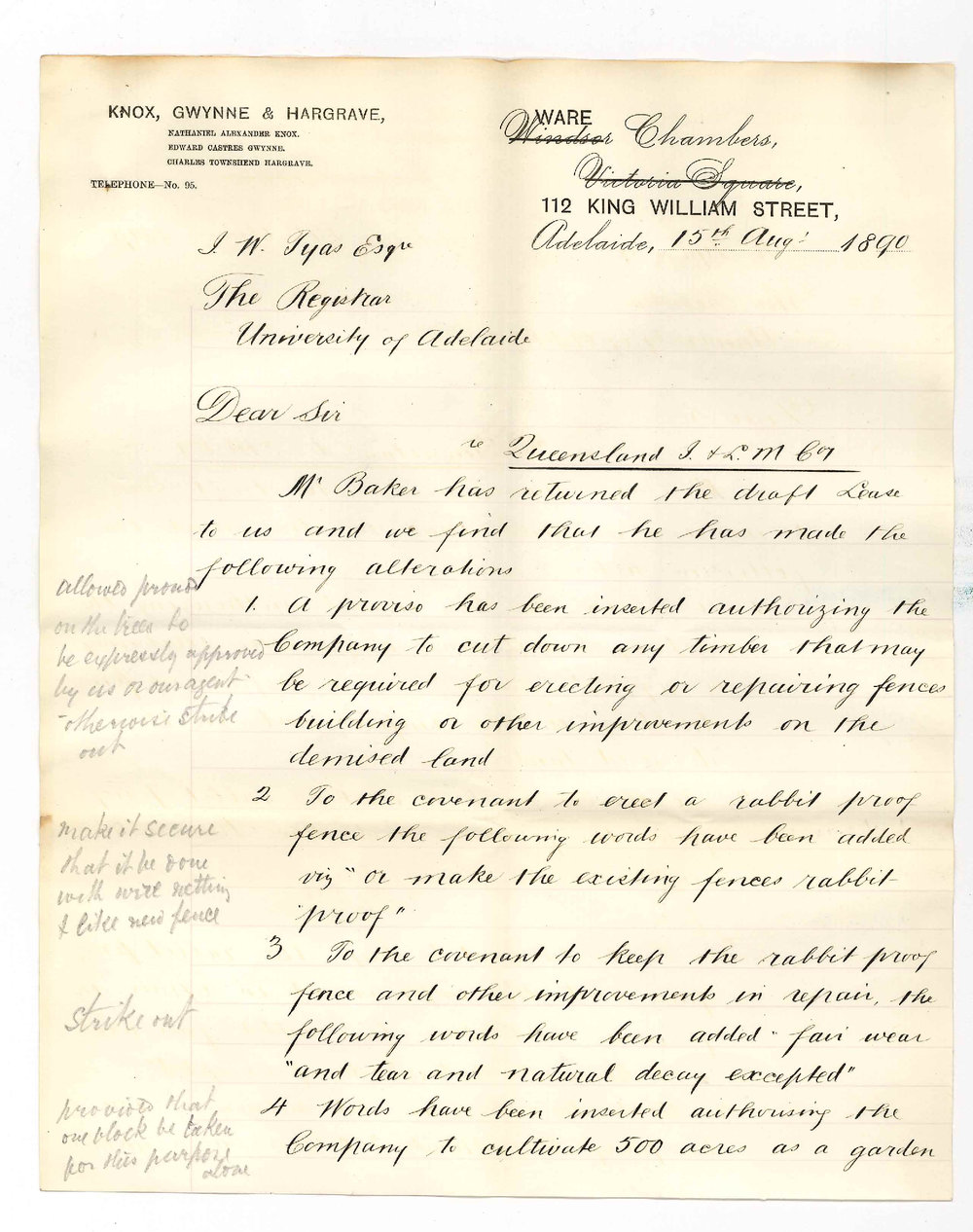 Knox Gwynne and Hargrave - King William Street - Concerning alteration in terms of Lease to Queensland Company
