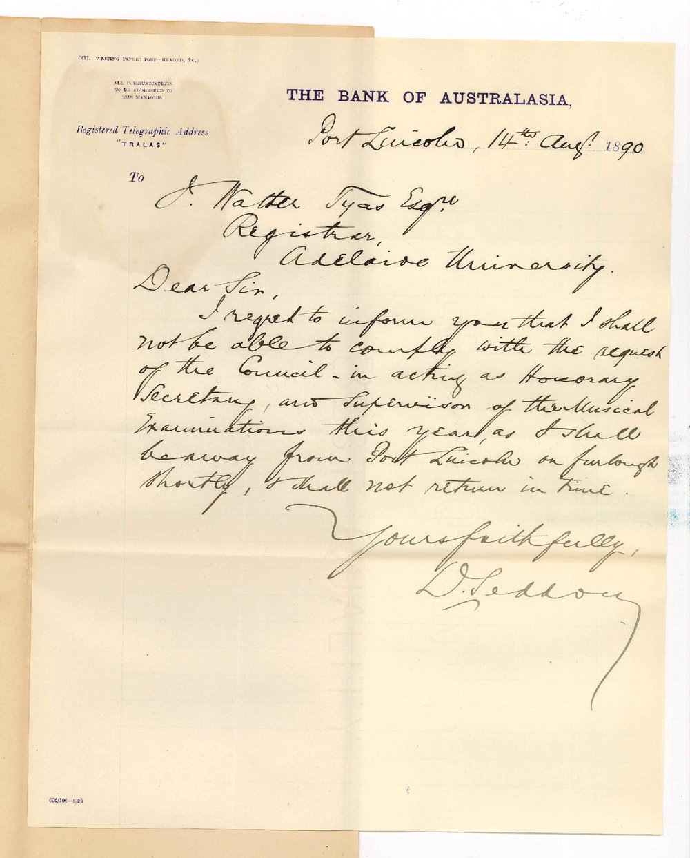 D Seddon - Port Lincoln - Cannot Act for Examinations in Music