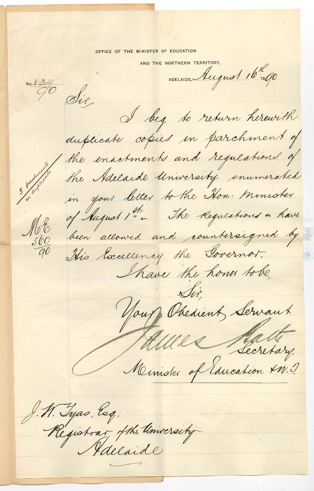 James Bath - Secretary - Minister of Education - Adelaide - Allowance of Regulations