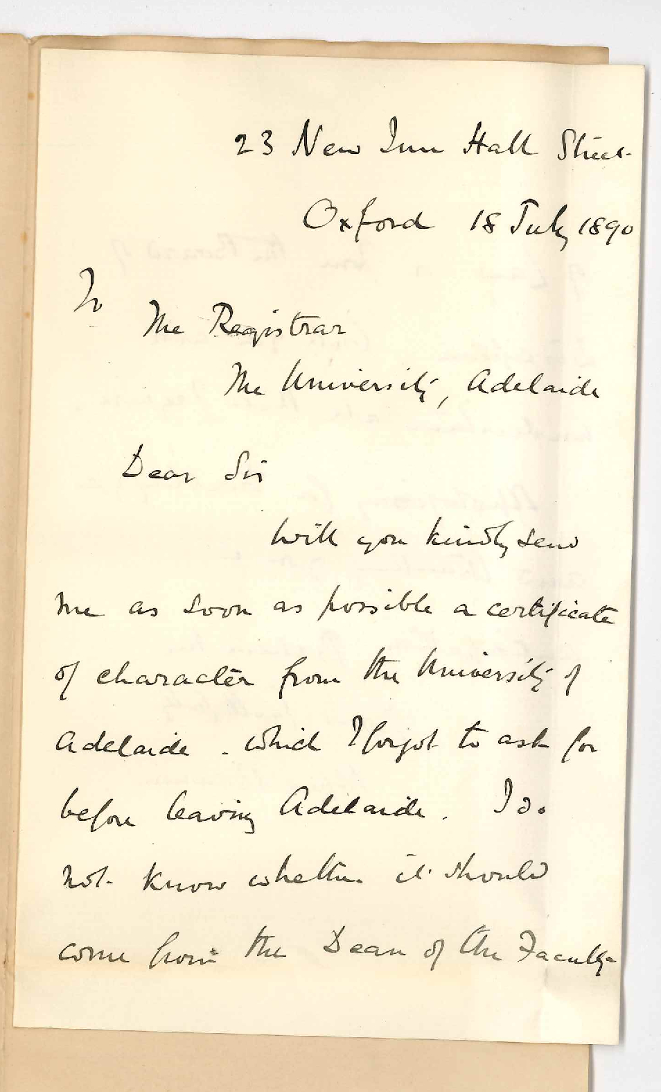 Alfred Bonnin - Oxford - Asking for Certificate of Character from University of Adelaide
