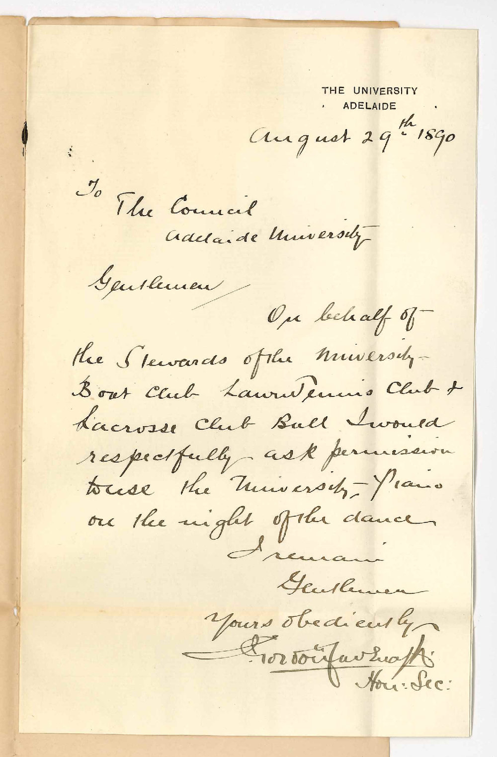 J G Cavenagh - Adelaide - Asking for use of University Piano for the Ball on 3rd September