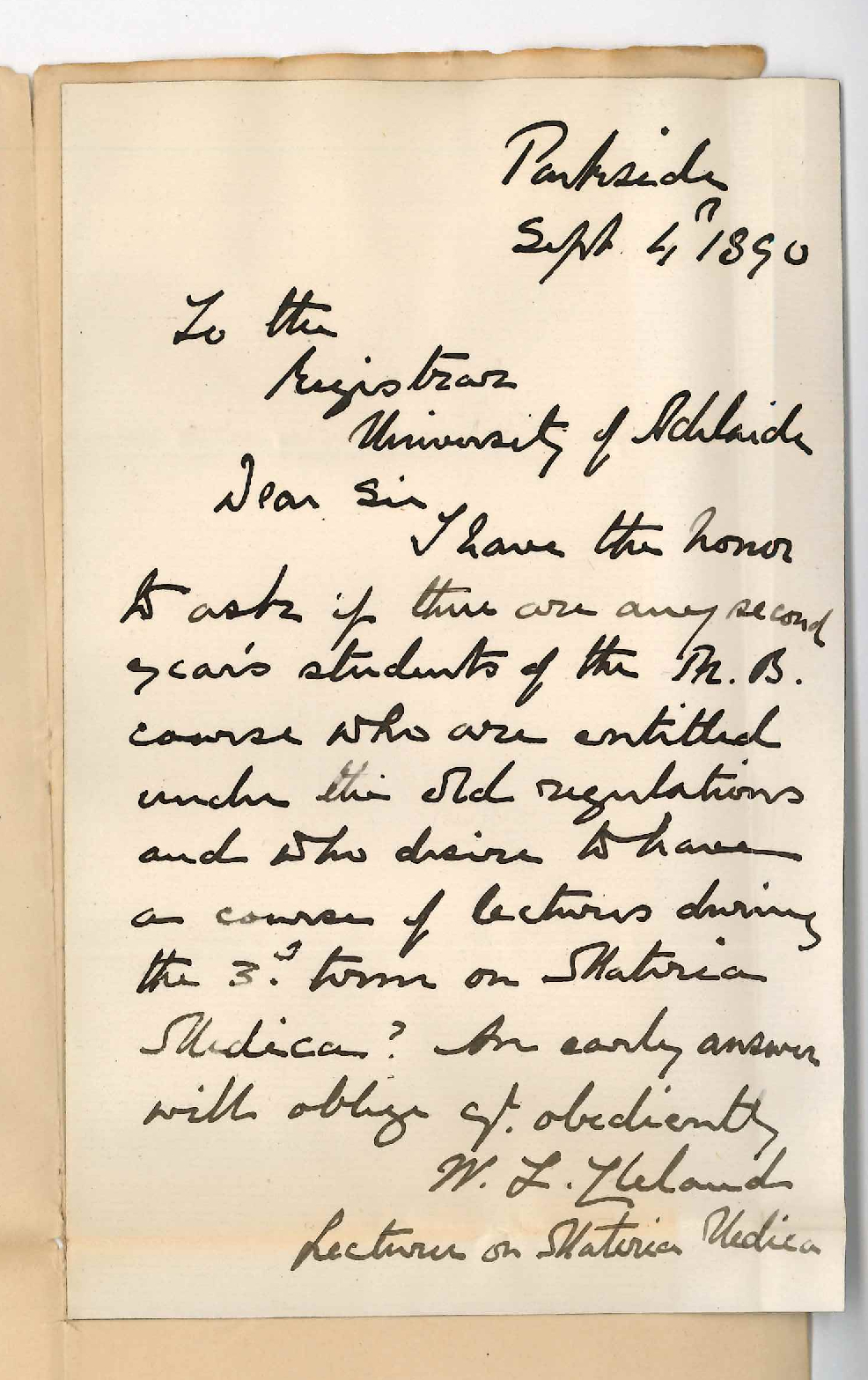 Dr William Lennox Cleland - Parkside - Concerning lectures on Materia Medica during 1890