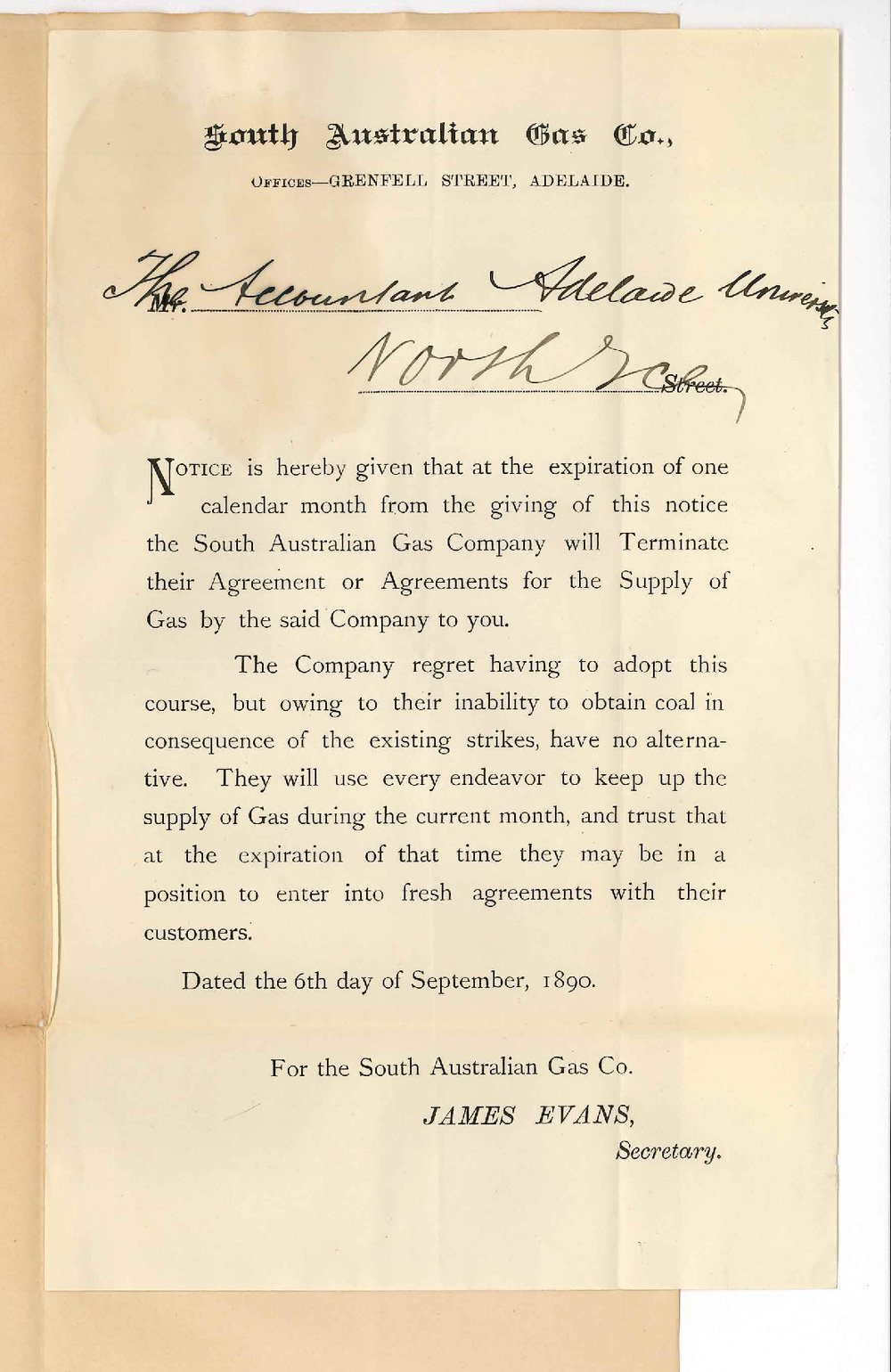 James Evans - Secretary SA Gas Company - Alteration in agreement for supply of gas in consequence of the strike