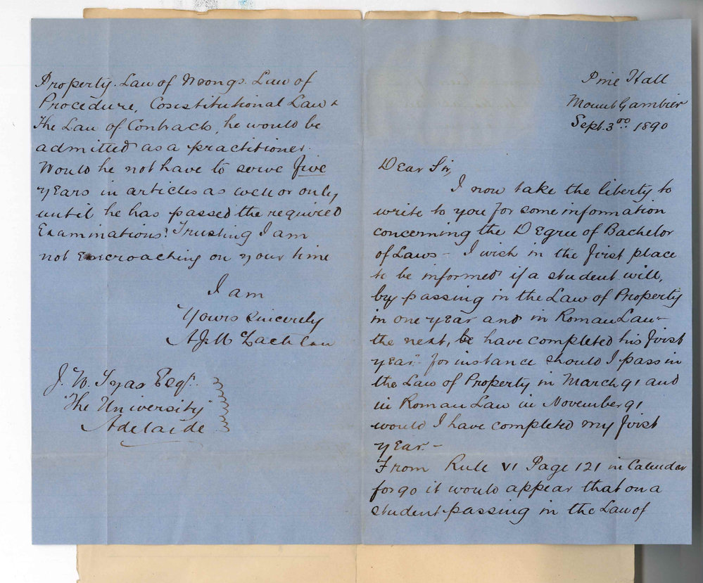 A J McLachlan - Mt Gambier - Information re LLB Course