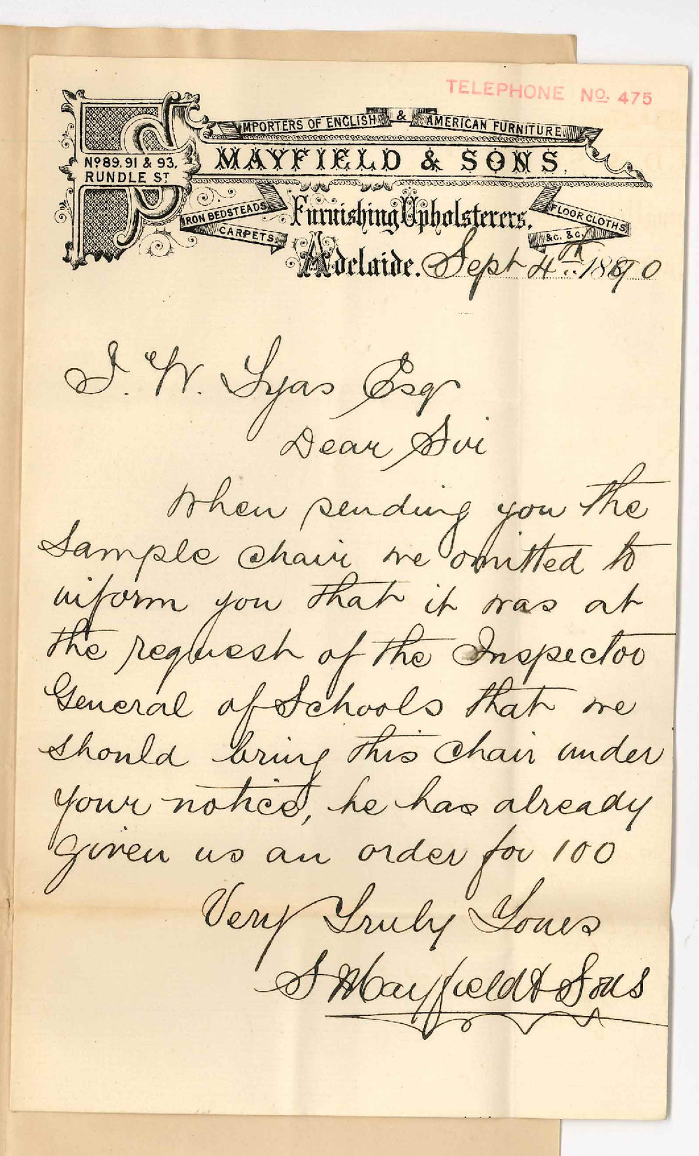 S Mayfield and Sons - Rundle Street - Special line of Chairs for examination purposes