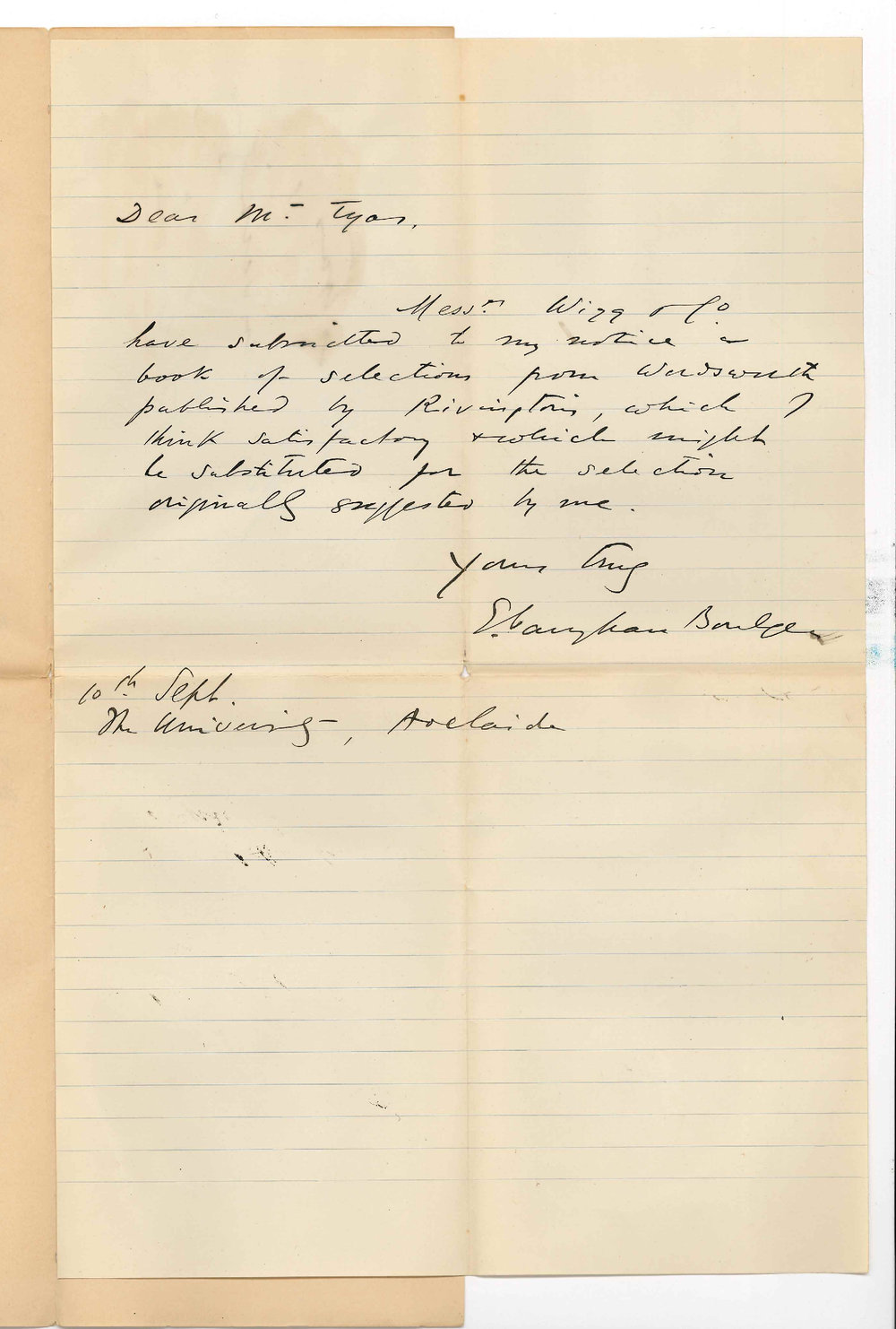 Professor Edward Vaughan Boulger - Adelaide - Suggested alteration in Text book for English in Junior Examination