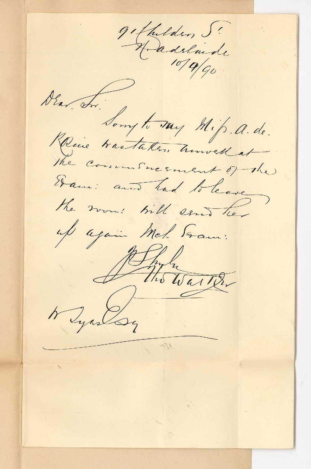 Thomas Walker - North Adelaide - Miss de Rosine taken ill at Preliminary Examination forced to retire