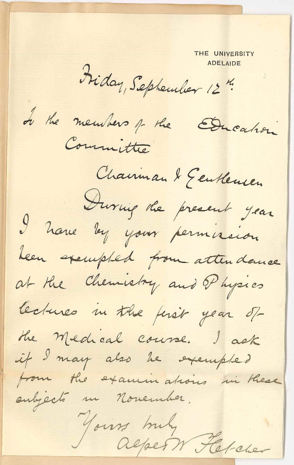 Alfred W Roby Fletcher - Adelaide - Exemption from examination in certain subjects of MB Course