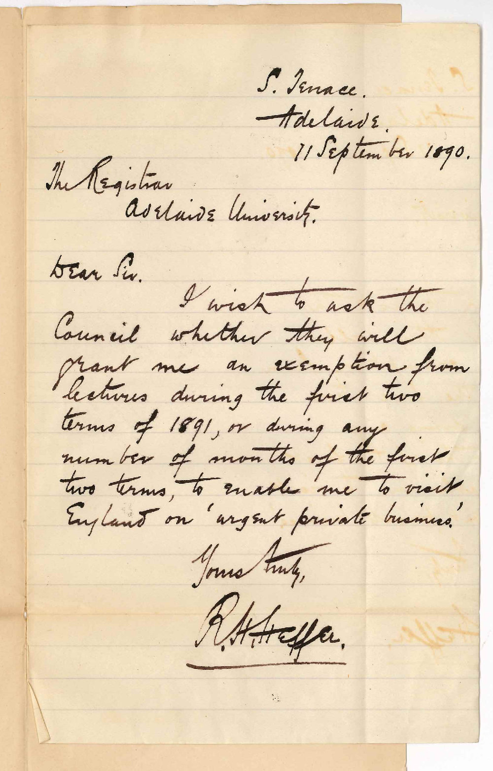 R Henderson Heffer - Adelaide - Exemption from attendance on lectures during 1st and 2nd Terms of 1891