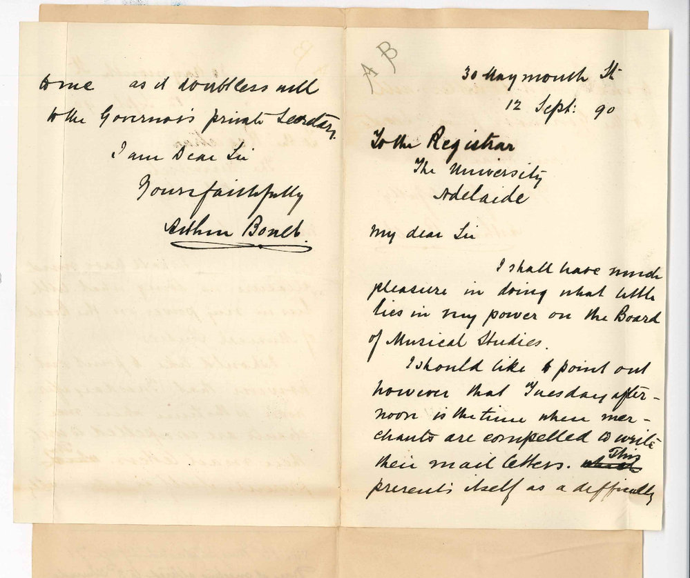 Arthur Boult - Adelaide - Will act on Board of Musical Studies - Day of meeting not convenient