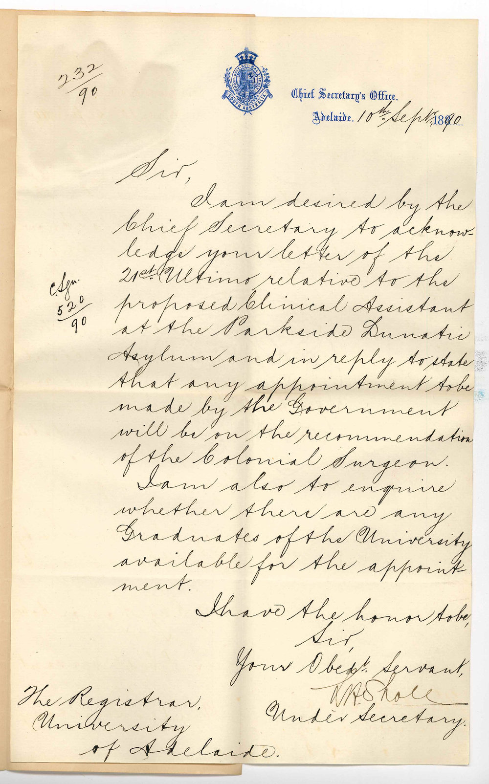 Lionel Henry Sholl - Under Secretary Adelaide - Concerning Clinical assistants at Parkside Lunatic Asylum