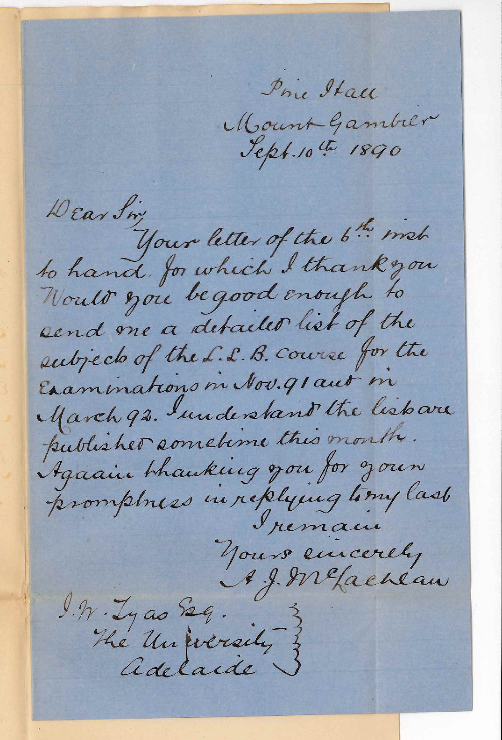 A J McLachlan - Mt Gambier - LLB subjects for 1891