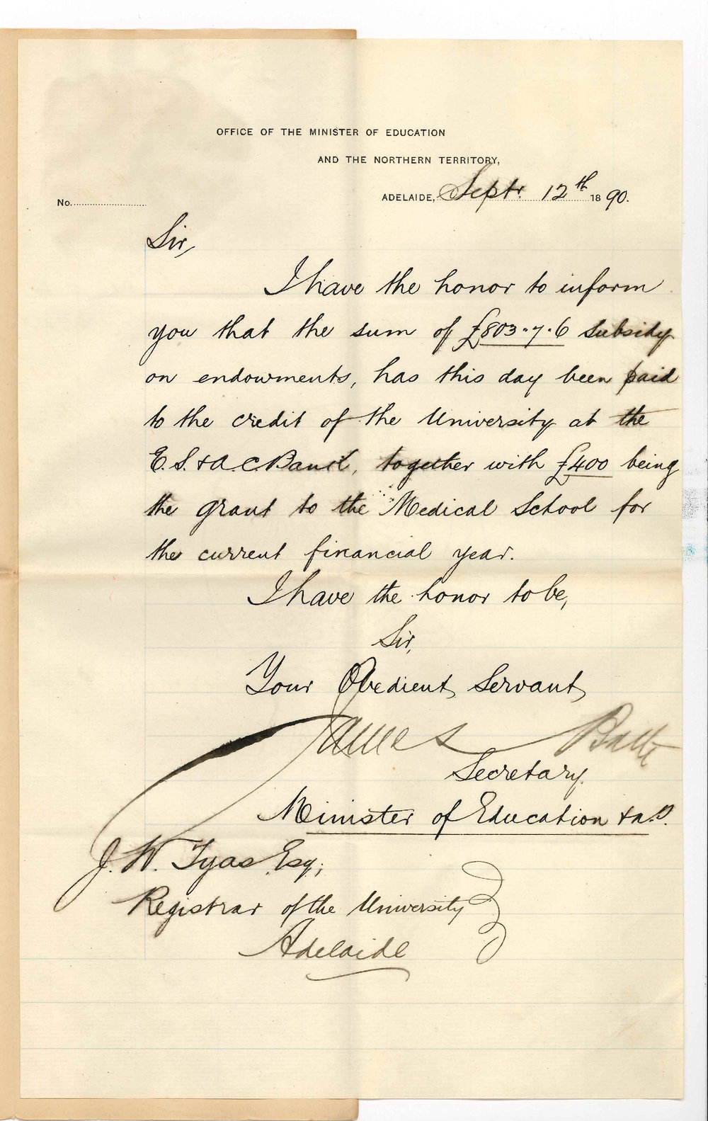 James Bath - Secretary Minister of Education - Payment of subsidy and Scholarship money