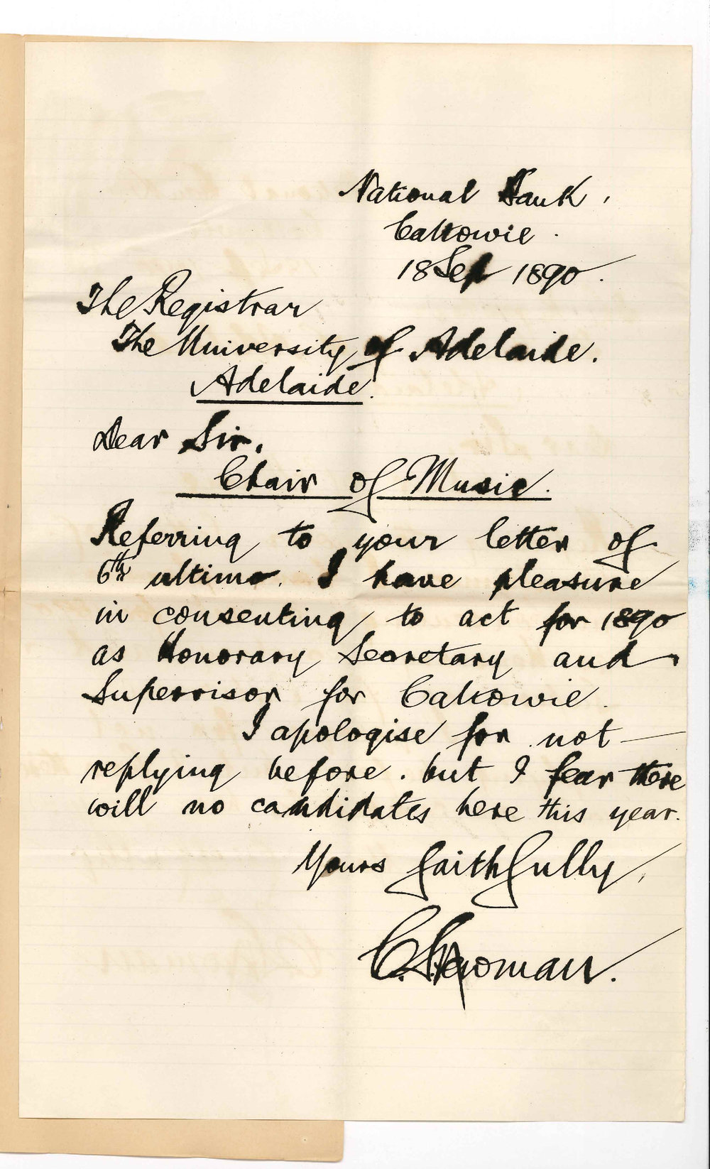 C S Newman - Caltowie - Will act as Secretary for local Examinations in Music