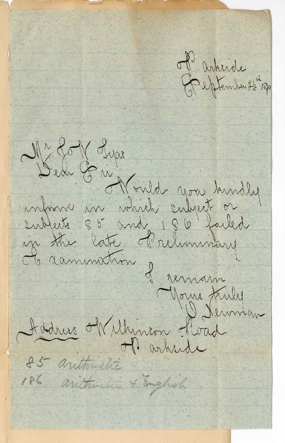 Miss Olive Newman - Parkside - Failure in Preliminary Examination