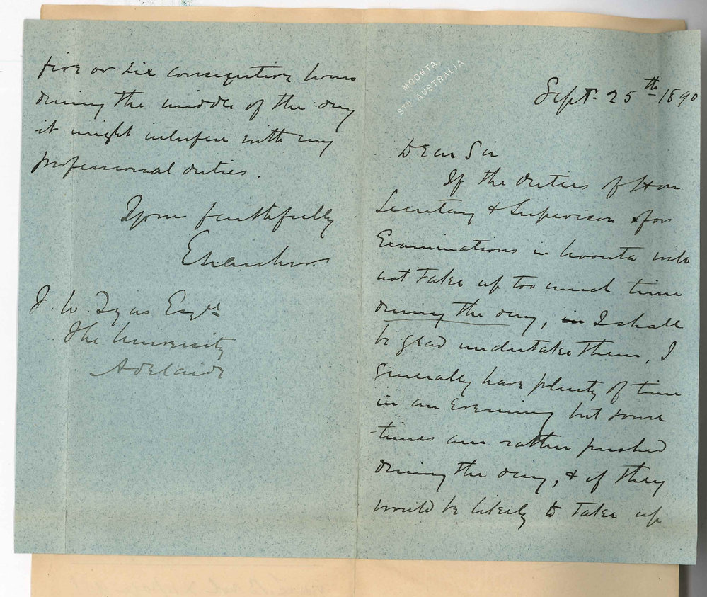 Dr E K Archer - Moonta - Willing to act as Supervisor if examination will not occupy too much time