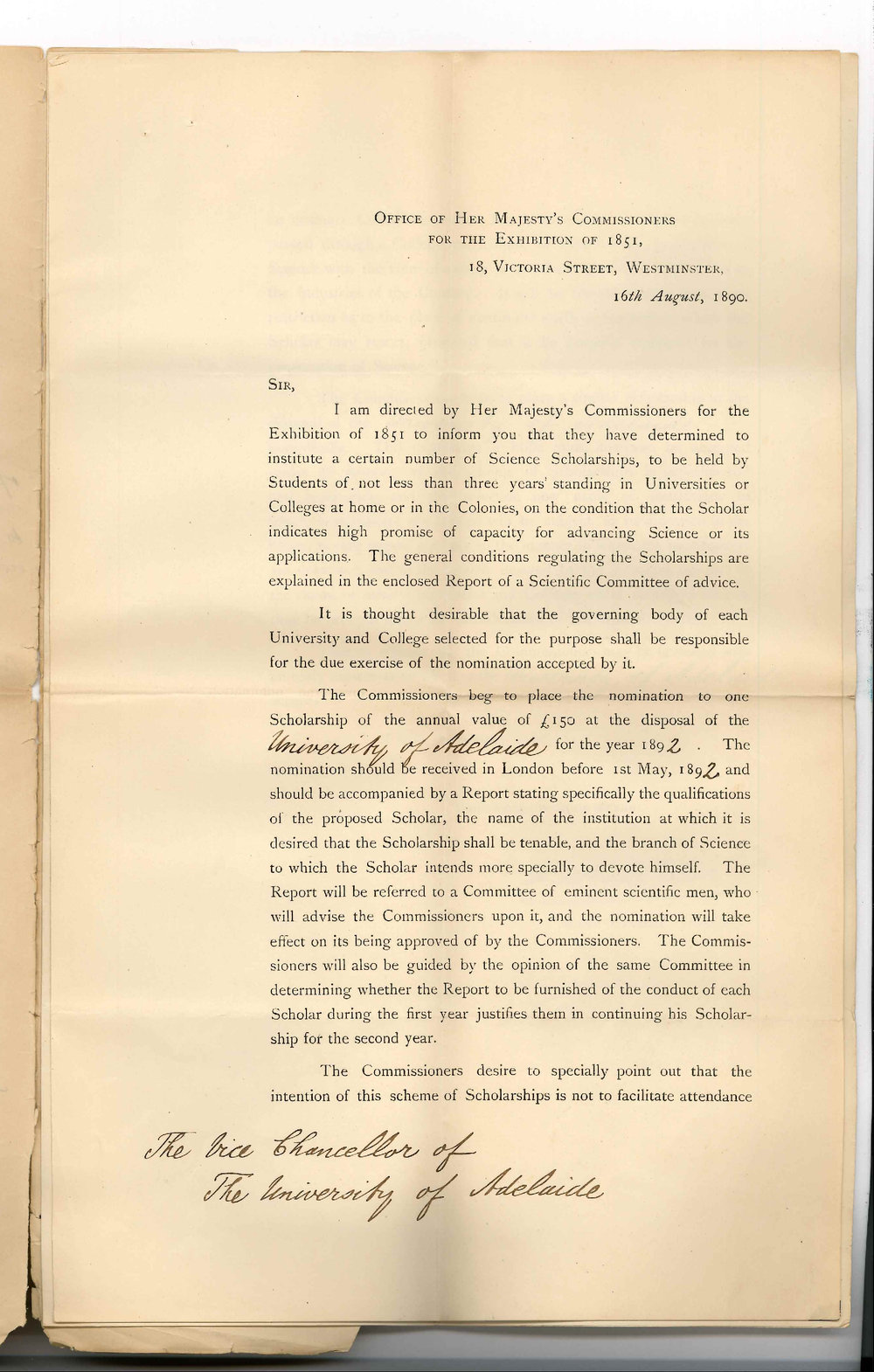 Arthur Ellis - Secretary of Commissioners of Exhibition - London - Announcing the establishment of Science Scholarships by the Commissioners and that one Scholarship is awarded to the University of Adelaide