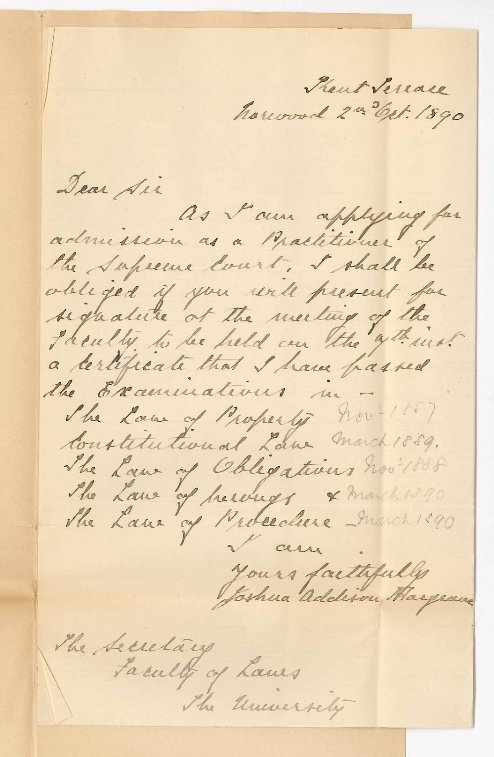 Joshua Addison Hargrave - Norwood - Asks for final LLB Certificate