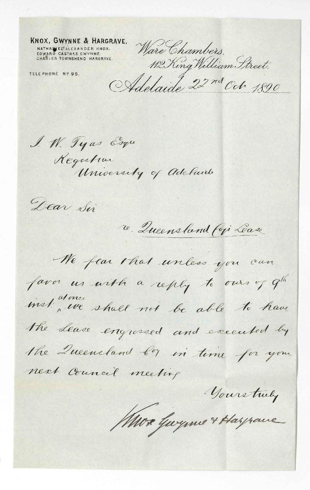 Knox Gwynne and Hargrave - Adelaide - Queensland Company lease