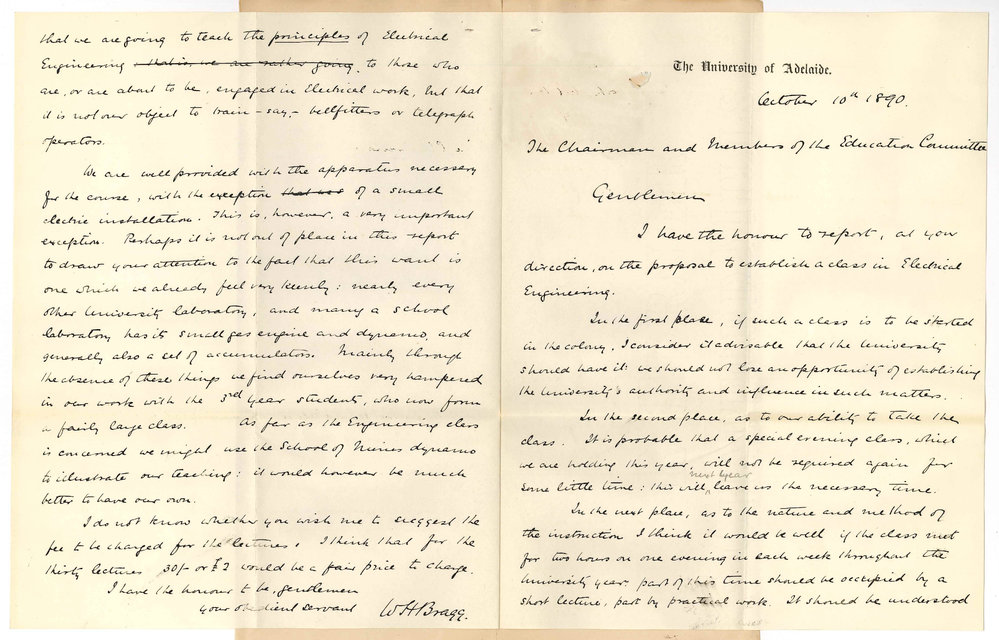 Professor William Bragg - The University - Report concerning request from School of Mines for Engineering class