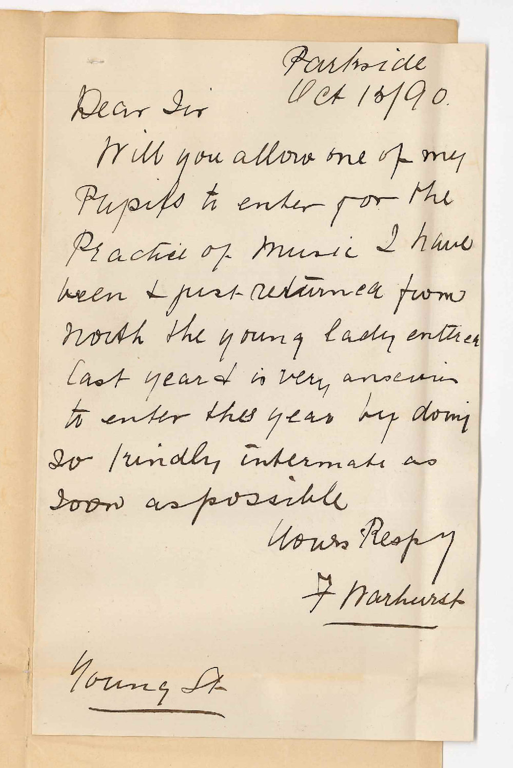 F Warhurst - Parkside - Asking permission to enter candidate for Music Examinations