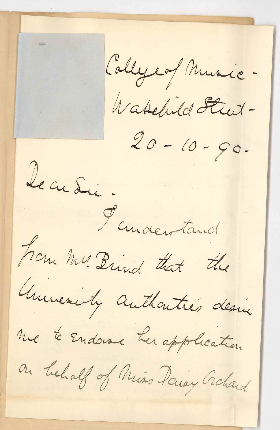 Cecil J Sharp - Wakefield Street - Supporting Miss Orchards application for admission to Music Examinations