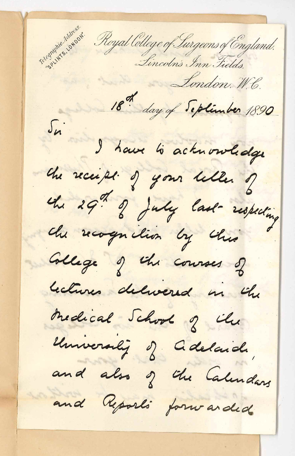 Silbert Forrest Antrobus Cowell - Royal College of Surgeons London - Regarding recognition of Adelaide Medical Degrees