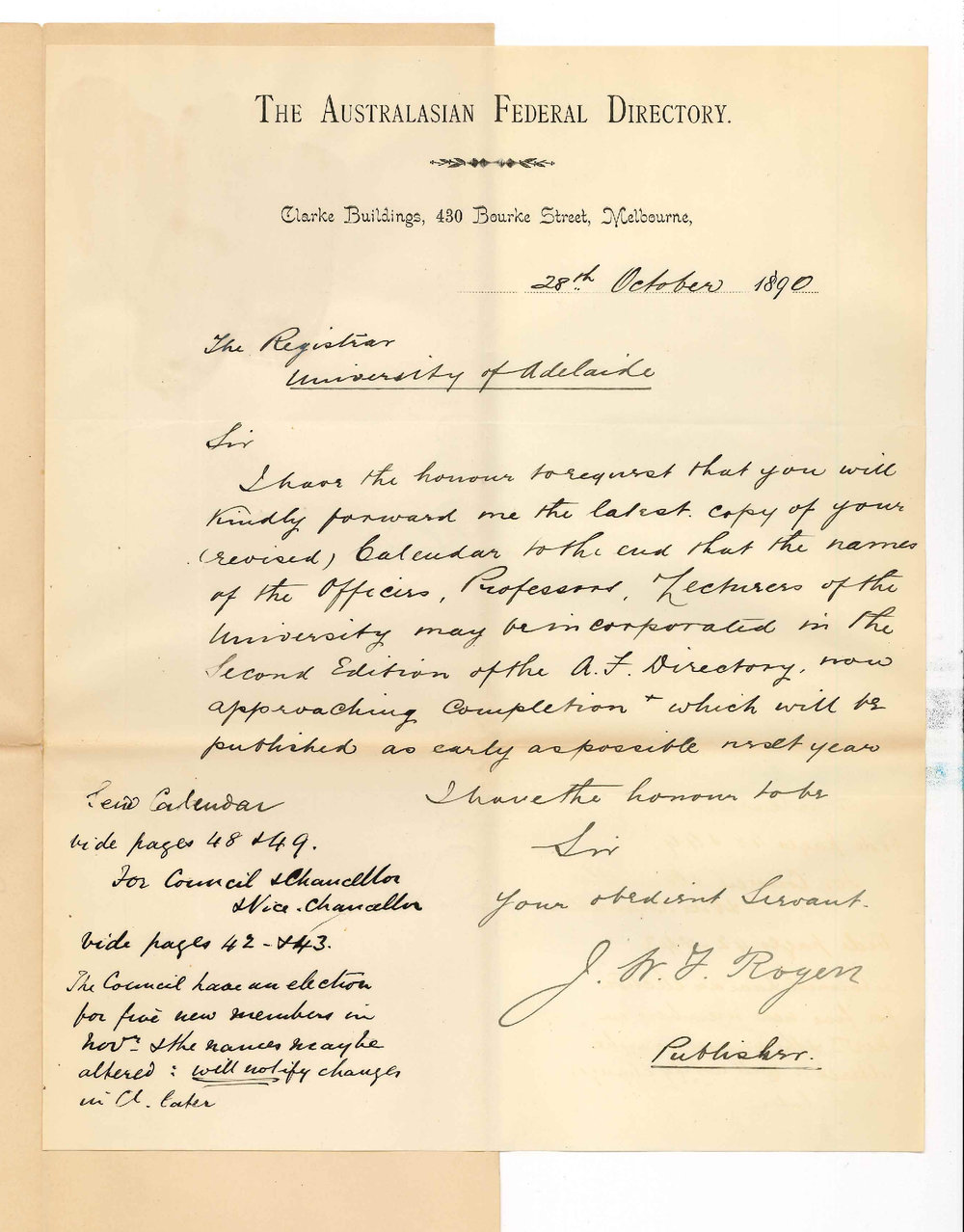 J W F Rogers - Publisher Federal Directory - Asks for Calendar and information for Directory