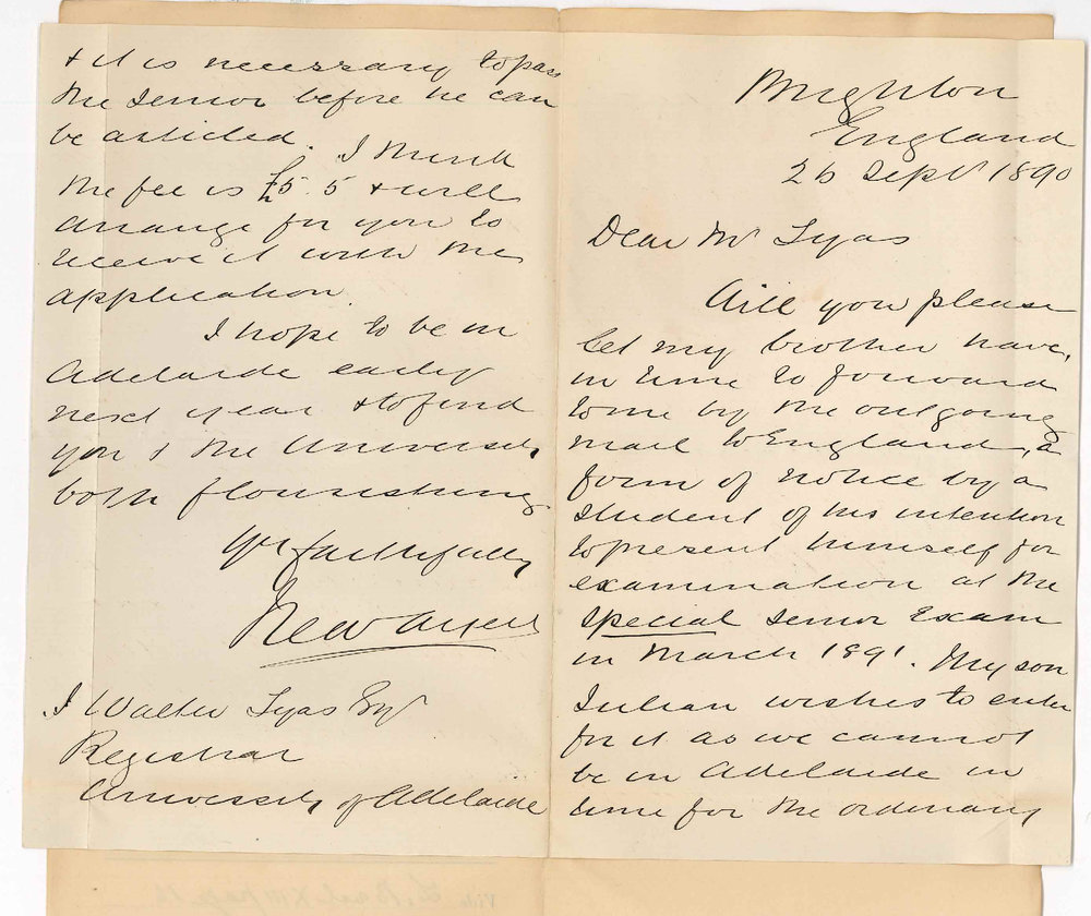 Frederick Ayers - Brighton England - Asks that form of entry for Senior Examination in March 1891 may be forwarded