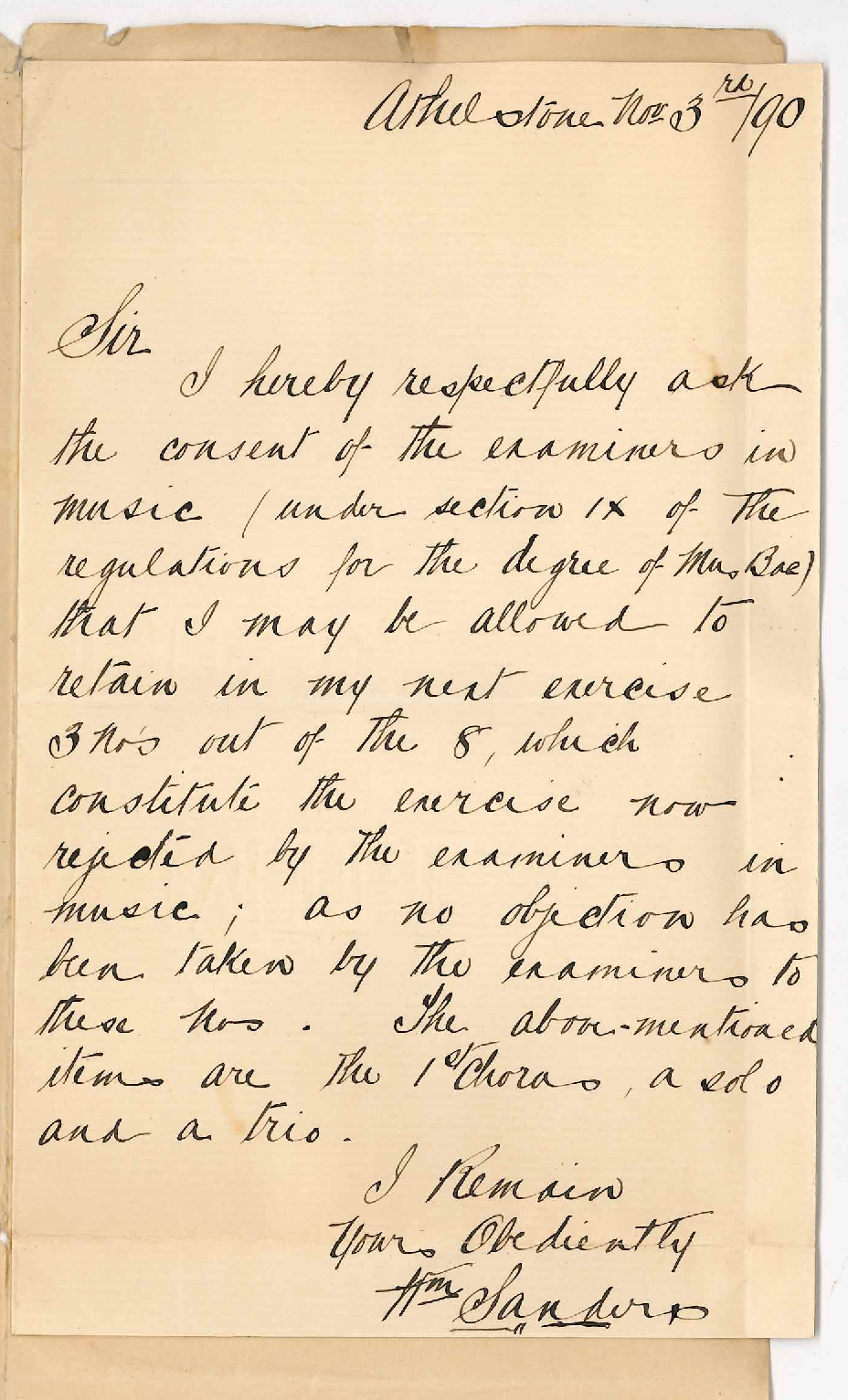 William Sanders - Athelstone - Asks permission to send in portions of 1890 Music of Bachelor Composition in 1891