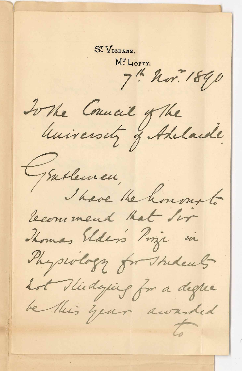 Dr Edward Charles Stirling - Mt Lofty - Recommending Elder Prize for non graduating students be awarded to Miss E A Poole