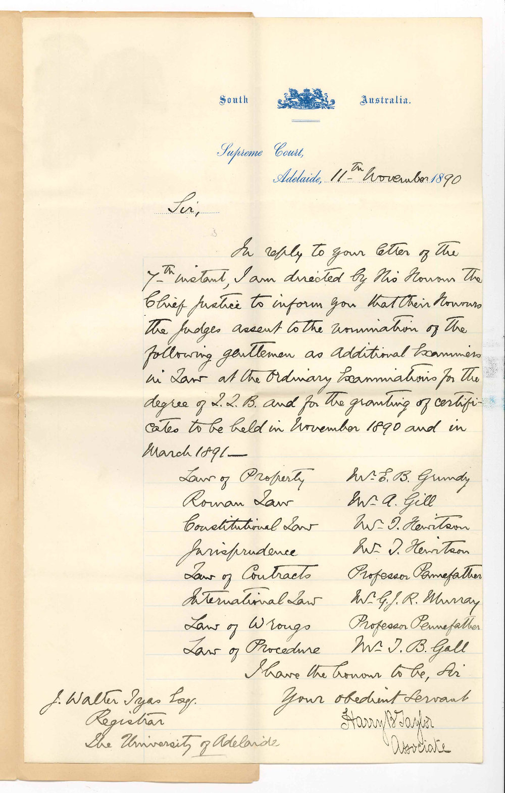 Harry B Tayor - Chief Justice - Supreme Court - Approving LLB Examiners