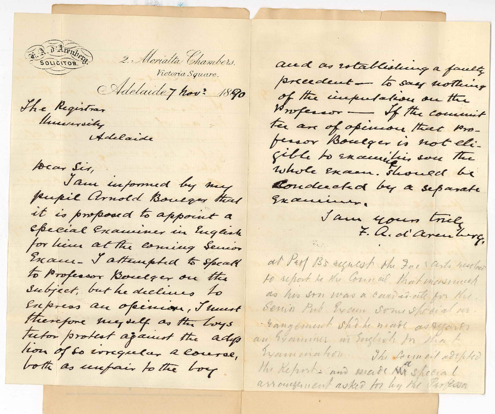 Frederick Augustus d'Arenberg - Adelaide - Protests against special Examiner in English for Professor Boulgers son in the Senior Public Examination