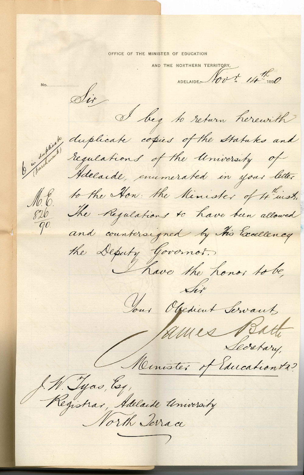 James Bath - Minister of Education - Adelaide - Return of Regulations approved