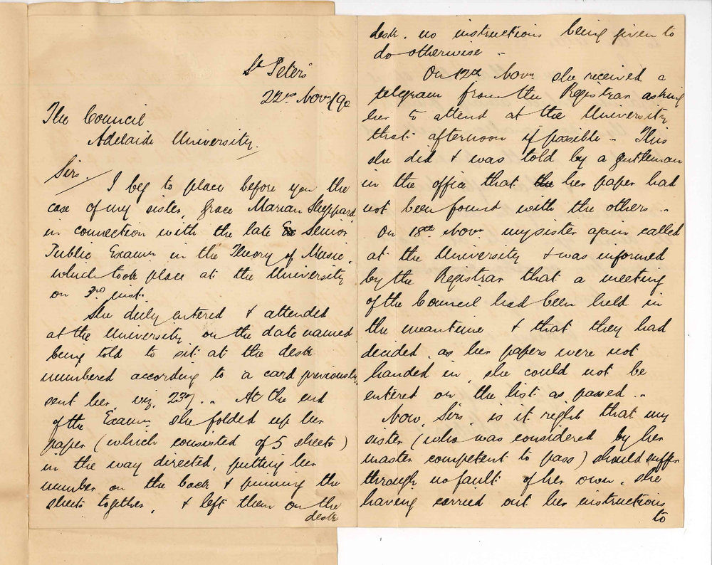 W J Sheppard - St Peters - Loss of Miss Grace Marion Sheppard Examination paper at the recent Public Examinations in Music