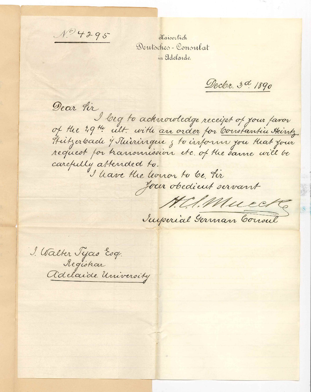 Hugo Carl Emil Muecke - Adelaide - Order for goods to Germany