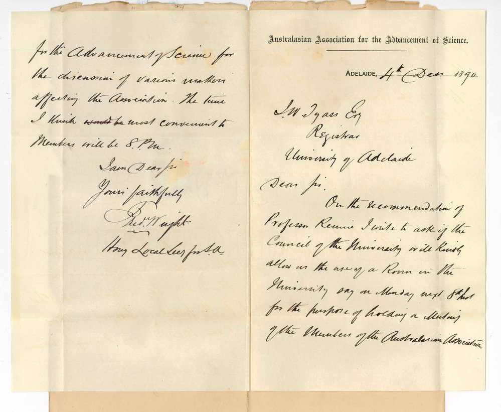 Frederick Wright - Honorary Secretary Australasian Association of Science - Requesting use of a room for meeting of Association on Monday December 8th