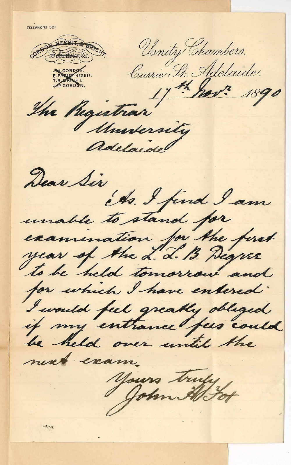 John H Fox - Adelaide - Unable to come up for LLB examination and wishes fee to stand to credit