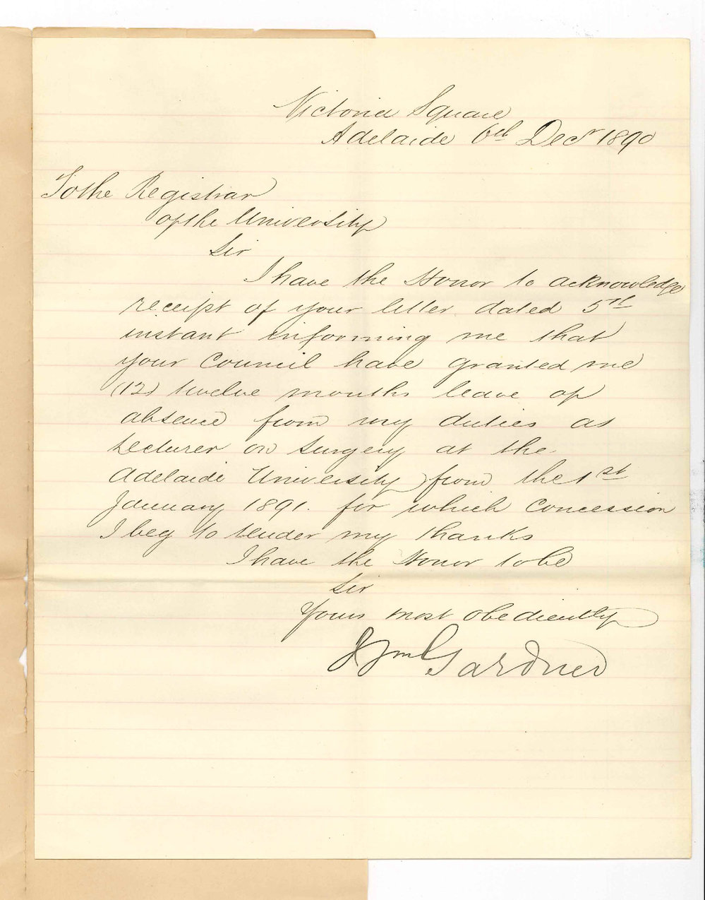 Dr William Gardner - Victoria Square - Thanks Council for granting his request for leave of absence