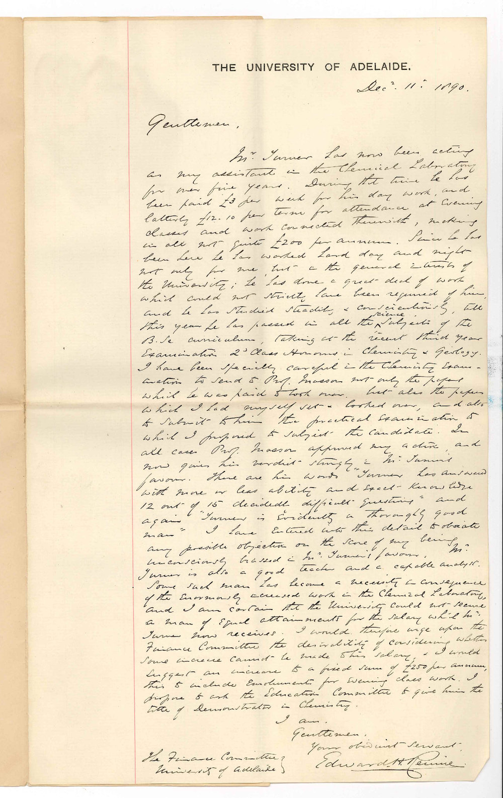 Professor Edward Henry Rennie - The University - Asking for increase of Salary to Mr Turner