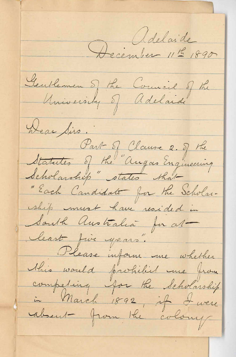 Frederick William Wheatley - Adelaide - Information Regarding Angas Scholarship