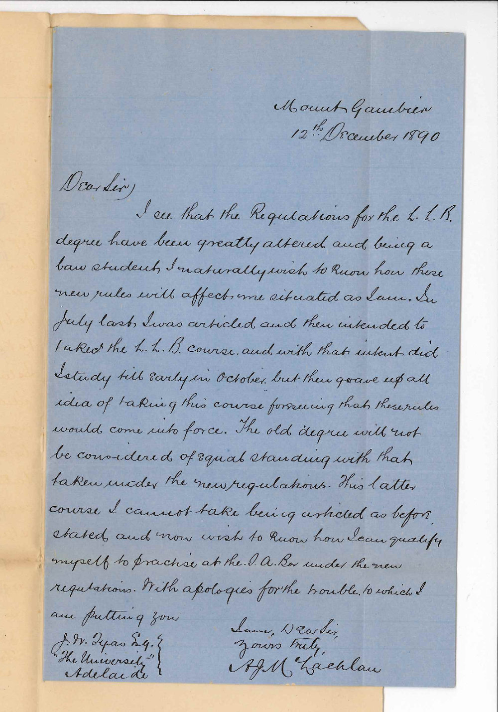 A J Mclachlan - Mt Gambier - Information regarding new Law Course