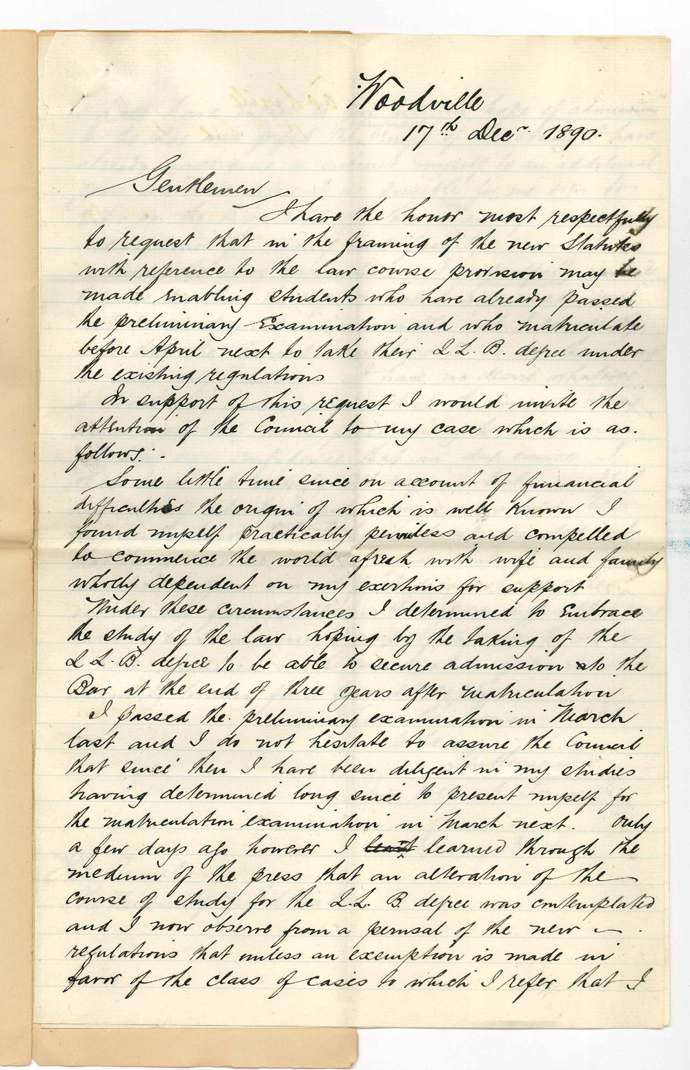 George Ash - Woodville - Asking to be admitted as an undergraduate in Law under the old Regulations