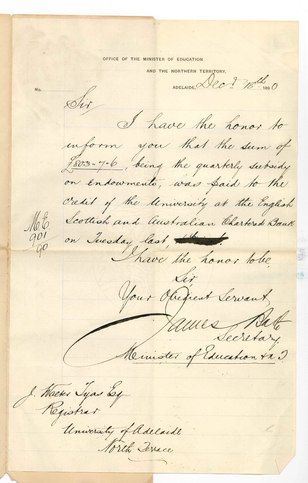 James Bath - Minister of Education - Adelaide - Payment of quarters subsidy