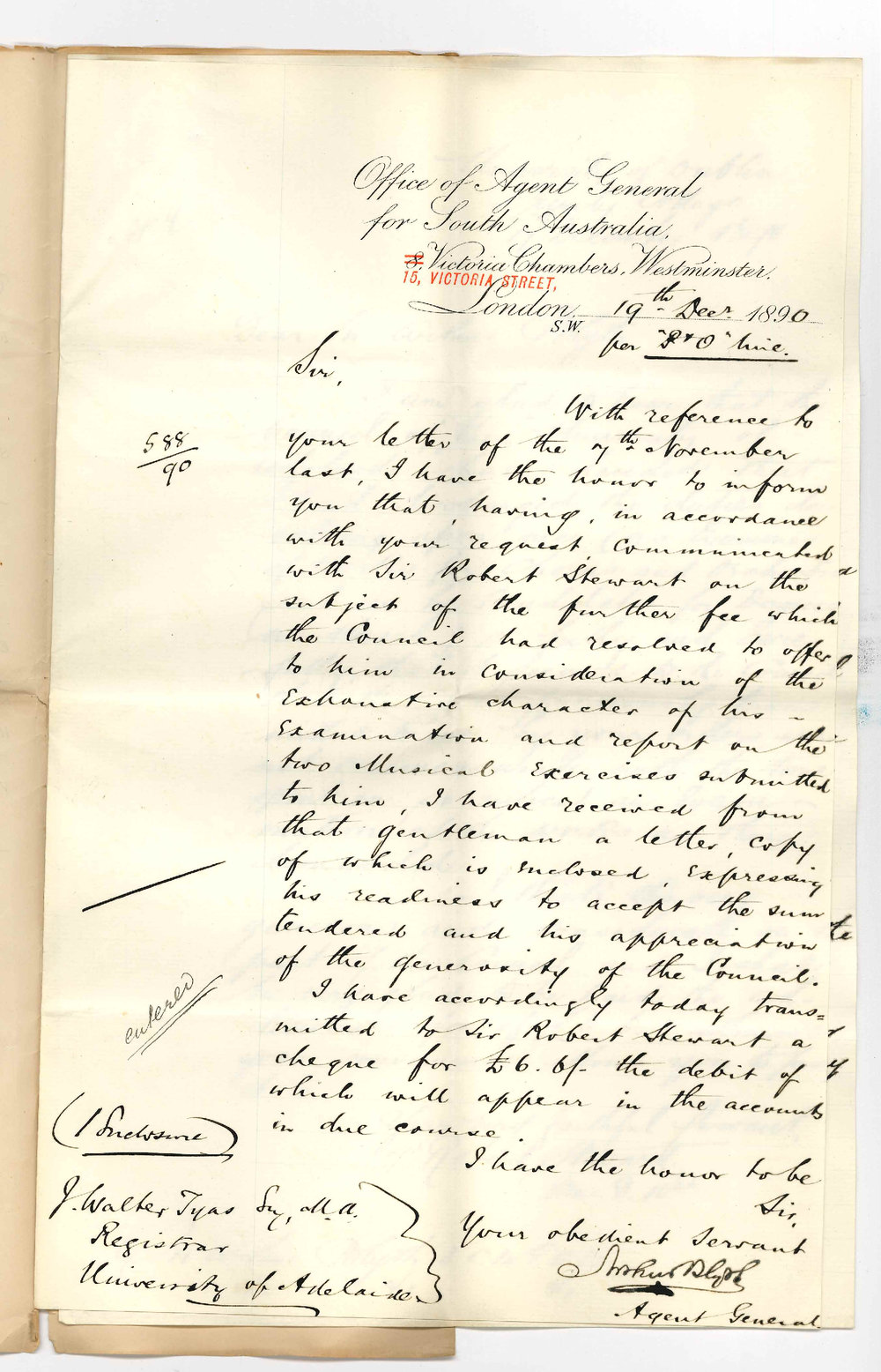 Arthur Blyth - Agent General - London - Additional fee paid to Sir Robert Stewart