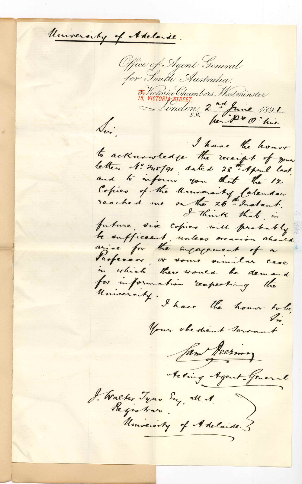 Samuel Deering - Agent General - London - Supply of Calendars for Agent Generals office