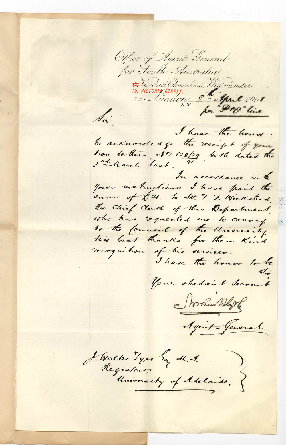 Arthur Blyth - Agent General - London - Payment of &pound;21 to Mr T F Wickstead