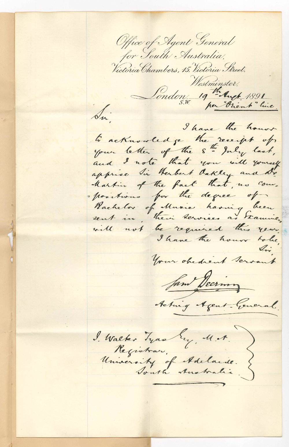 Samuel Deering - Agent General - London - Acknowledges receipt of letter re Musical Examiners