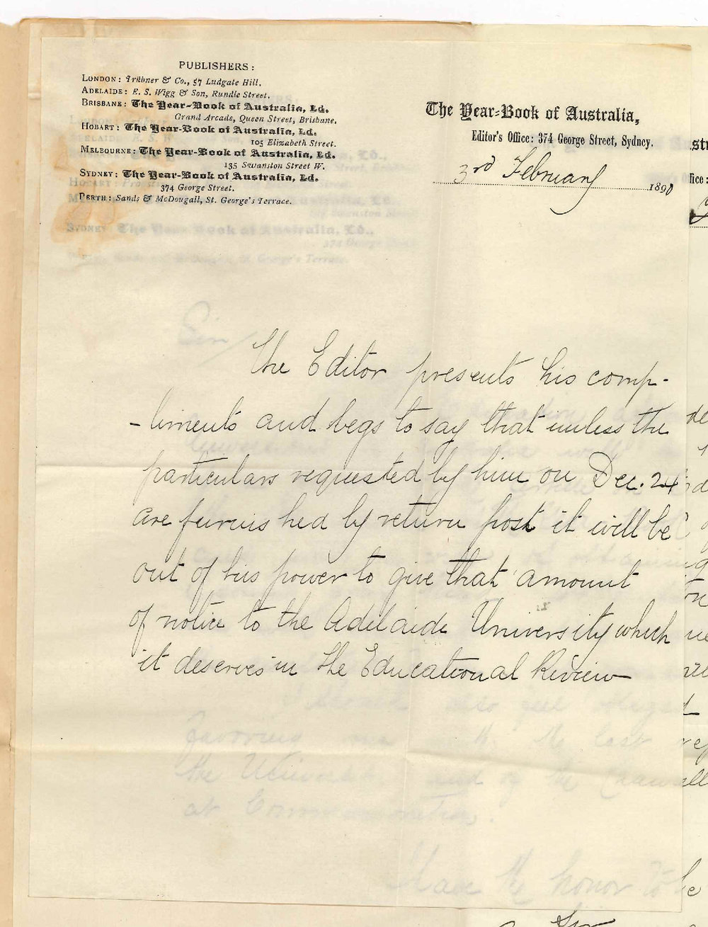 Edward Greville - Editor Year Book of Australia - Information re University for Year Book