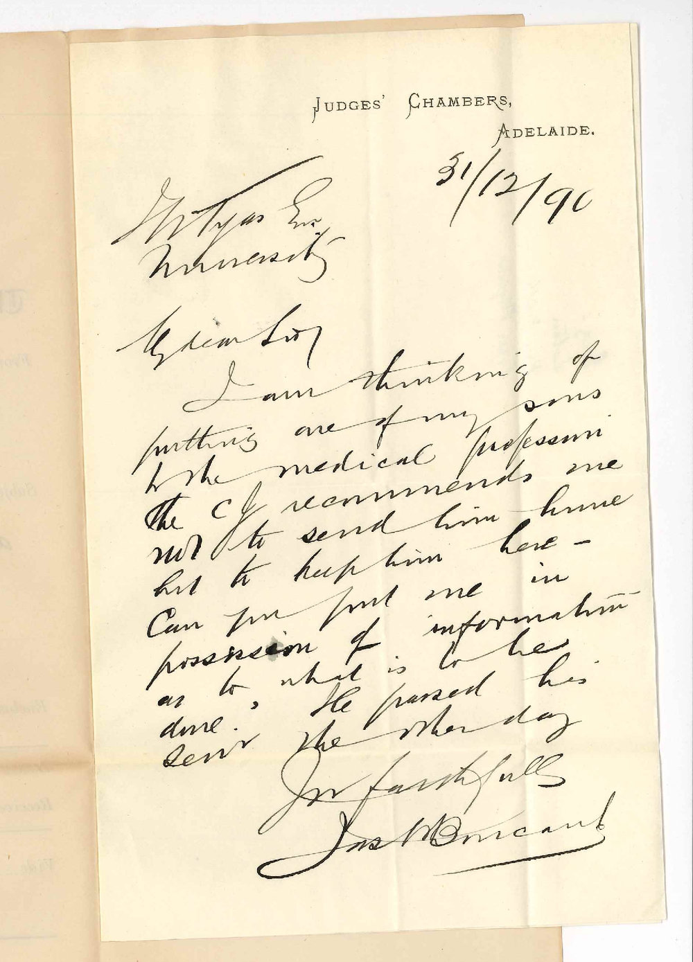 His Honor James Penn Justice Boucaut - Adelaide - Concerning his son and the MB Course